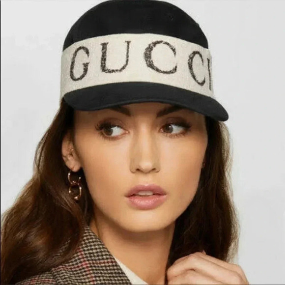 Gucci Black Logo Linen Baseball Cap Size Medium - Picture 1 of 9
